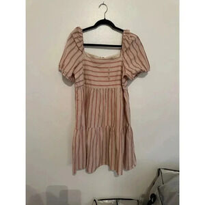 LOFT Women's Pink & Cream Puff Sleeve Square Neck Striped Mini Dress Size 6